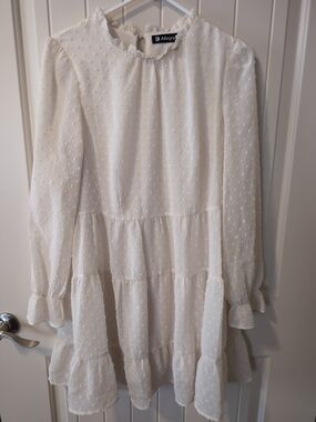 Allegra K Cream Swiss Dot Tiered Long-Sleeve Dress